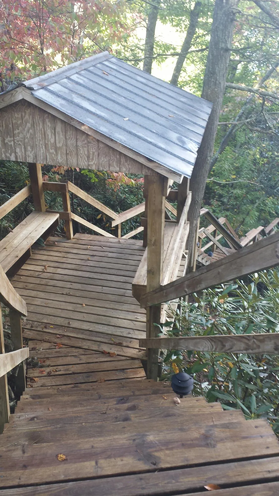 Metal roofed shelter over wooden steps on a wooded walkway — Skylight Repair & Installation work by our crew in Mullins